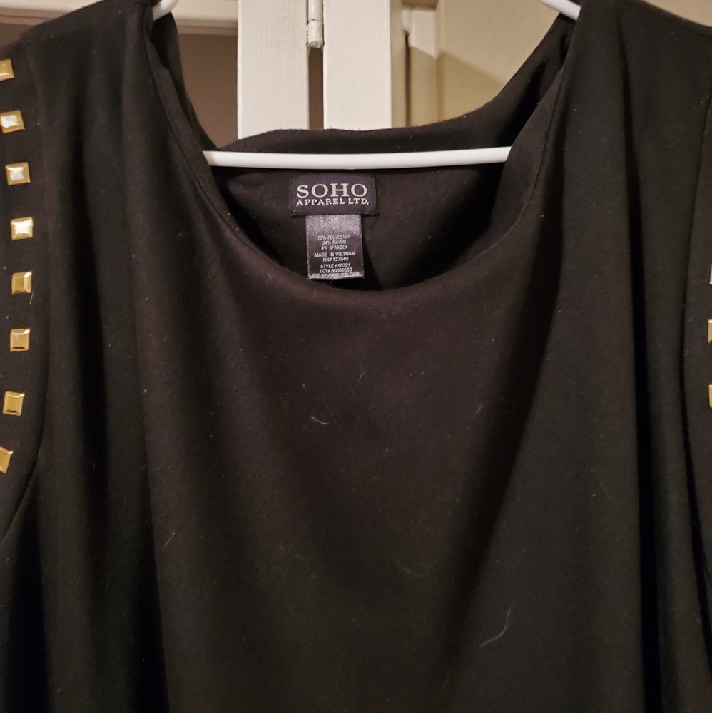 Black dress with cute gold studs.